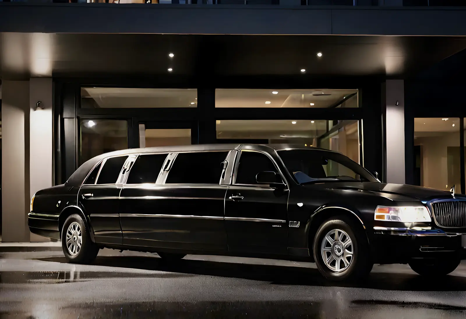 A black stretch limousine waiting under a hotel canopy at night.