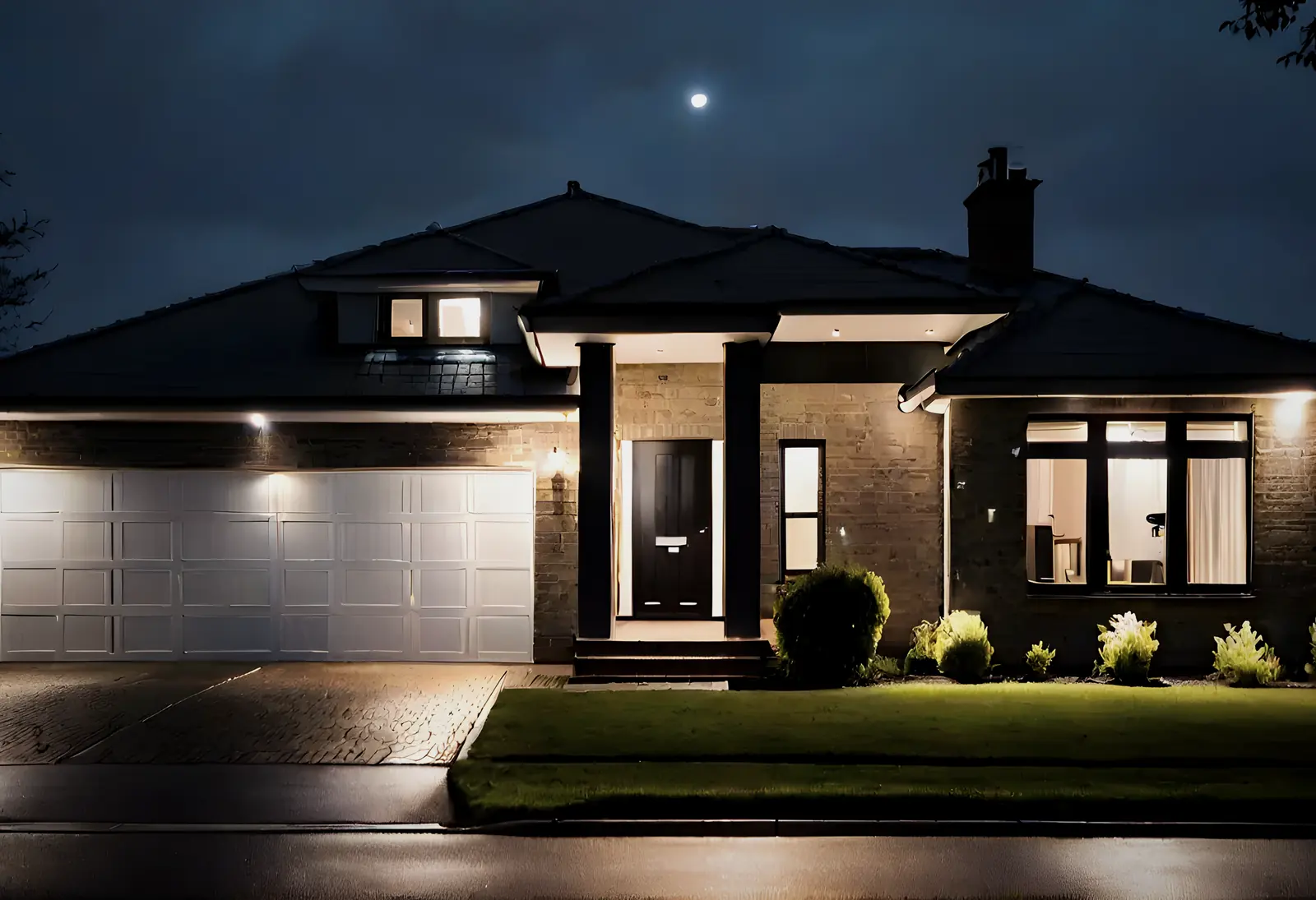 A house at night with the driveway lit and a camera under the eaves.